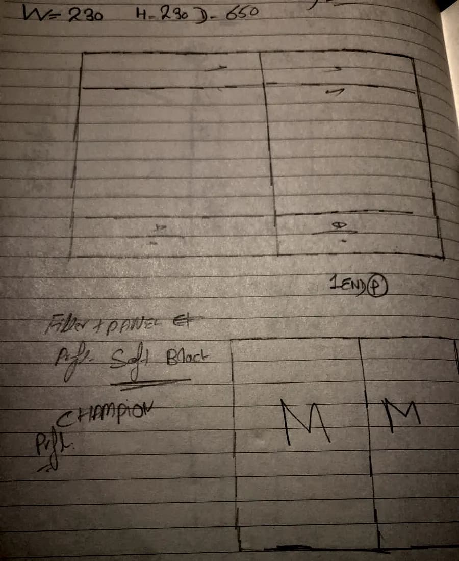 Hand-drawn door layout and colour notes for a made-to-measure fitted wardrobe