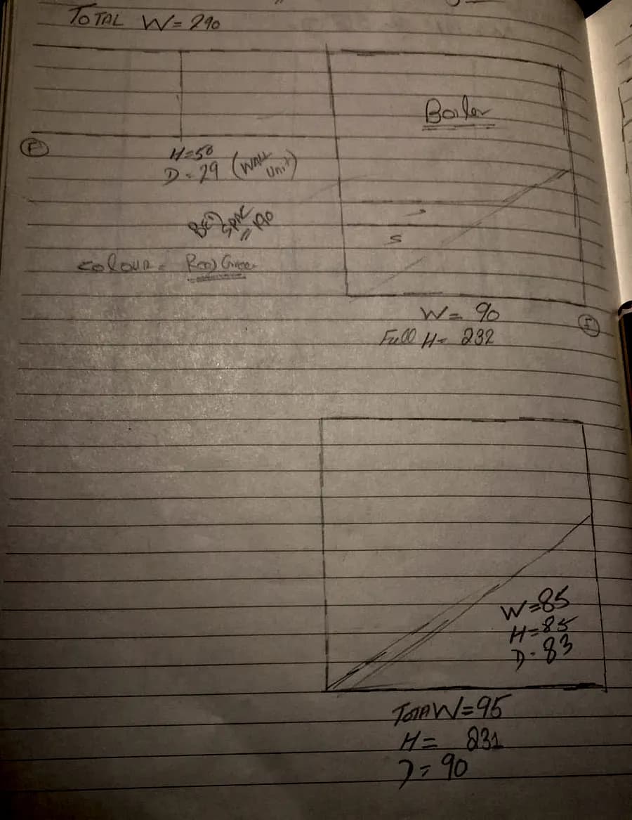 Hand-drawn plan with width, height and depth measurements for a fitted wardrobe around a boiler