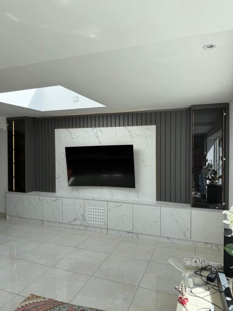 Marble TV Wall with Glass Display Tall Cupboards