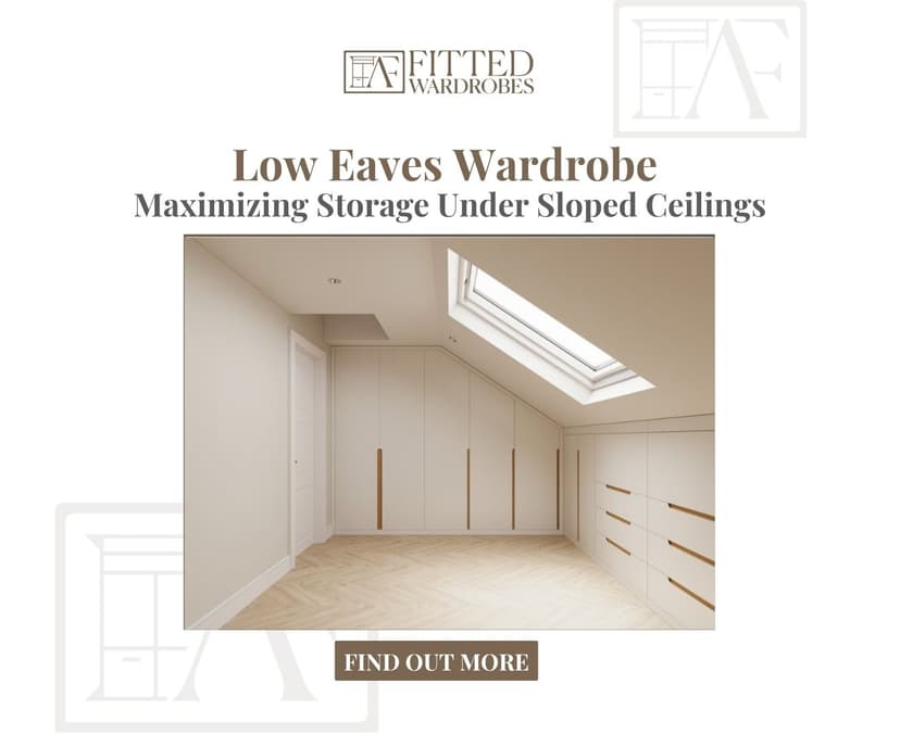 "Custom fitted low eaves wardrobe with cream panel doors and gold bar handles built under a sloped ceiling in a loft room, with a Velux skylight and matching chest of drawers on a herringbone wood floor"