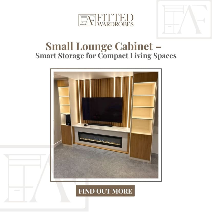 Stylish small lounge cabinet featuring a mounted TV with backlit wood slats, marble-surfaced electric fireplace, and symmetrical illuminated shelving units with closed base cabinets  perfect for compact living spaces.