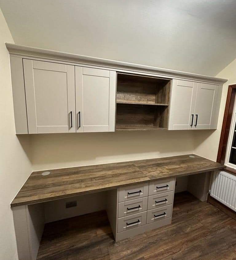 Off-white shaker style cabinets home office