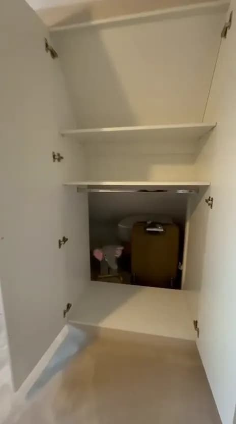 Open wardrobe door showing shelves and hidden eaves storage space for suitcases