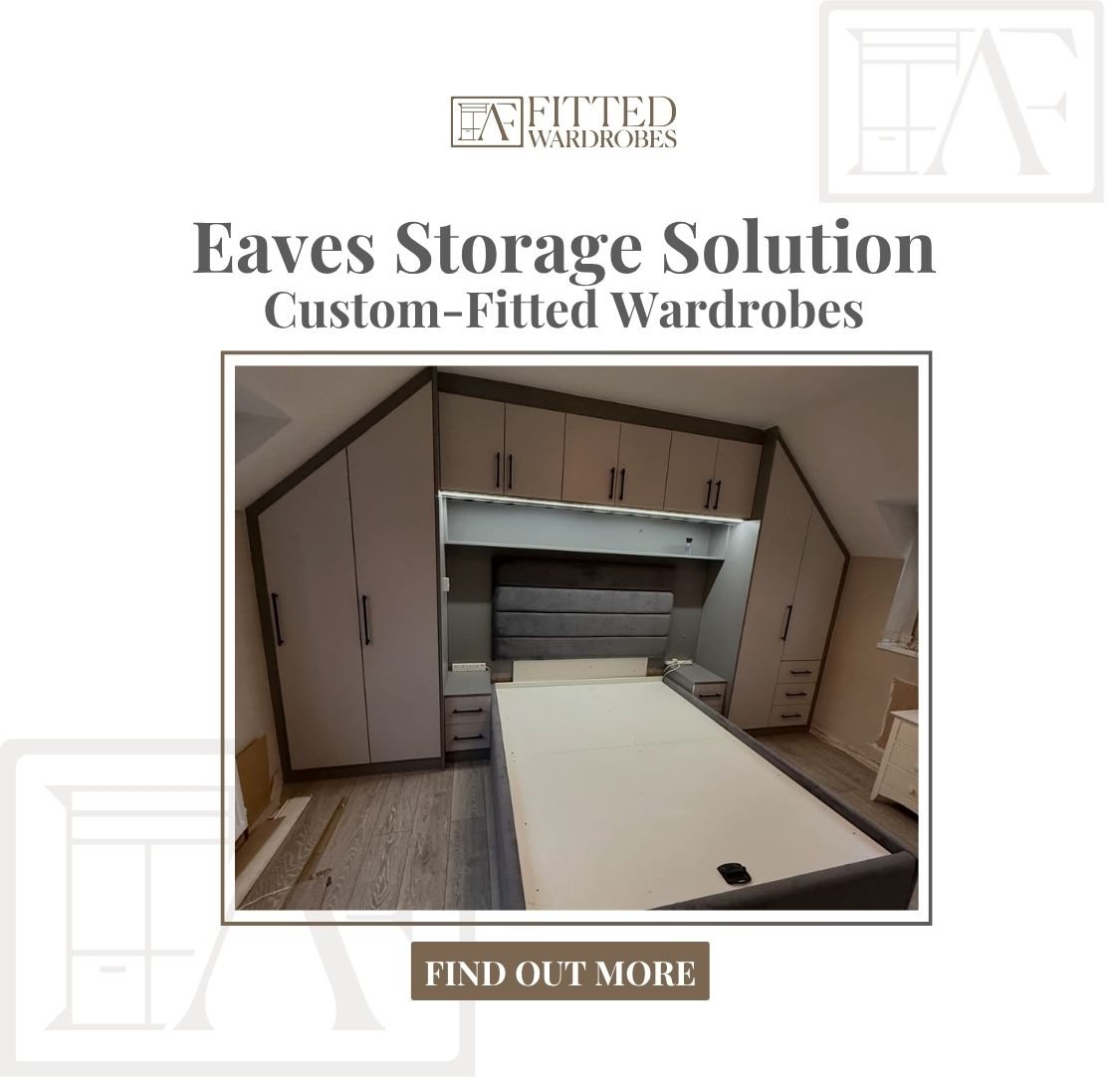 Eaves storage solution with custom-fitted wardrobes, over-bed cabinet unit and LED lighting in the loft room with an angled ceiling — taupe finish with dark brown trim