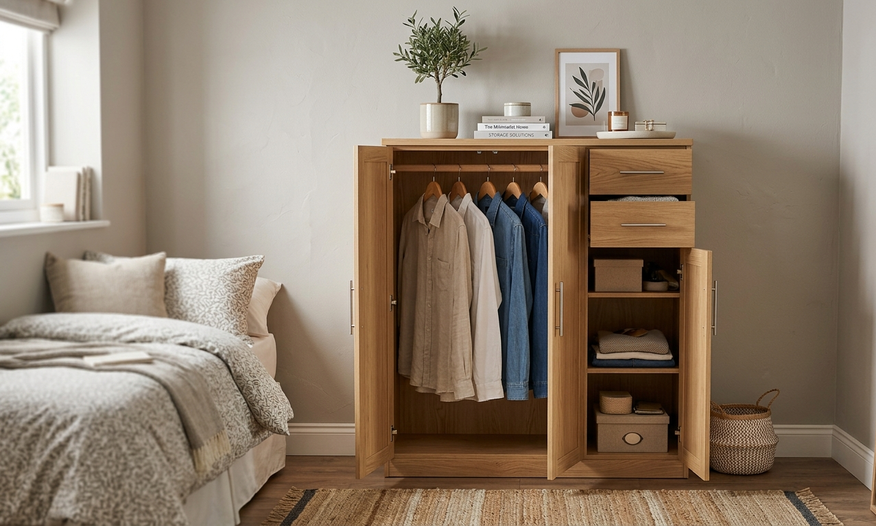 Modern half wardrobes provide stylish space-saving storage in a small bedroom