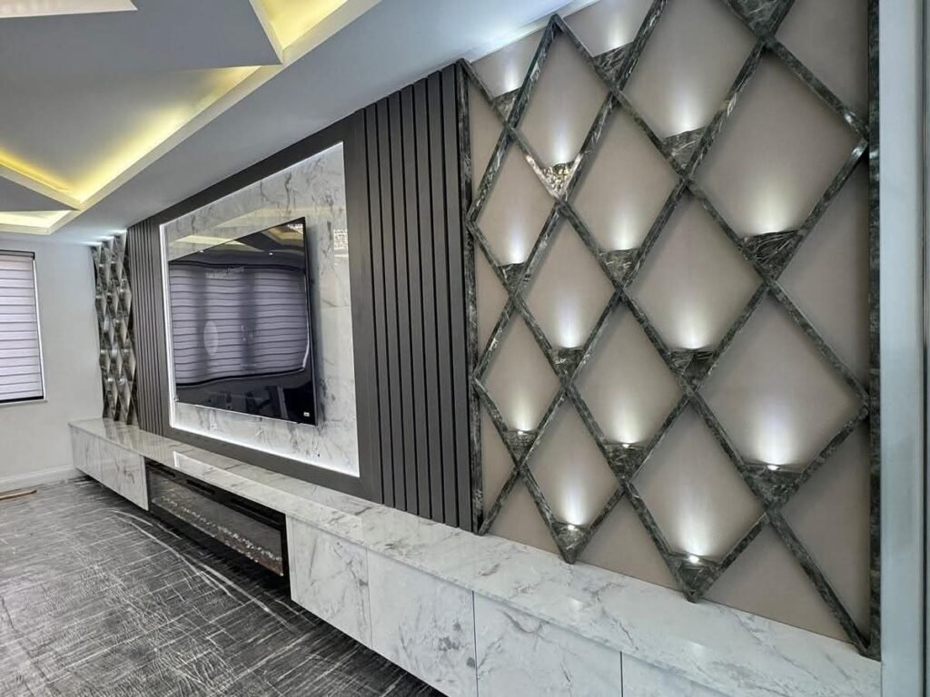 Diamond Lit Marble Wall with Tall Cupboards and Fireplace