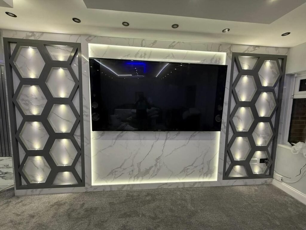 Hexagonal Panel Wall with Marble Finish and Tall Cupboards