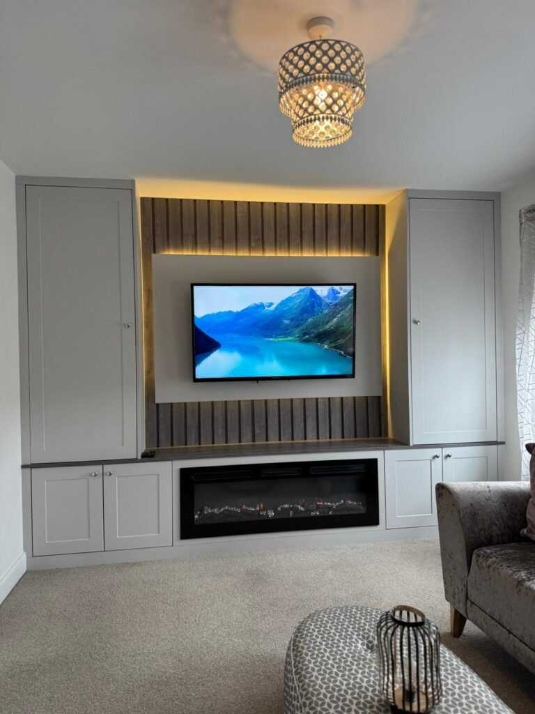 Living Room Cupboard with Fireplace and Decorative Storage Cabinet