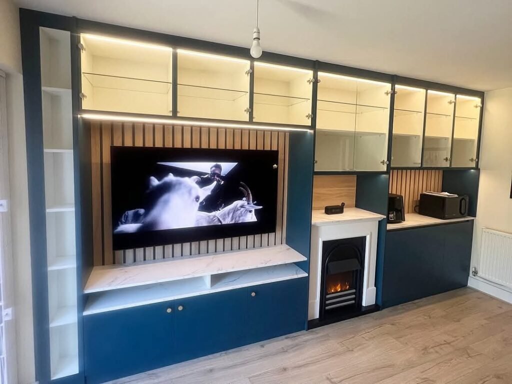 Living Room Storage Cabinet with Language Menu Display and Fireplace