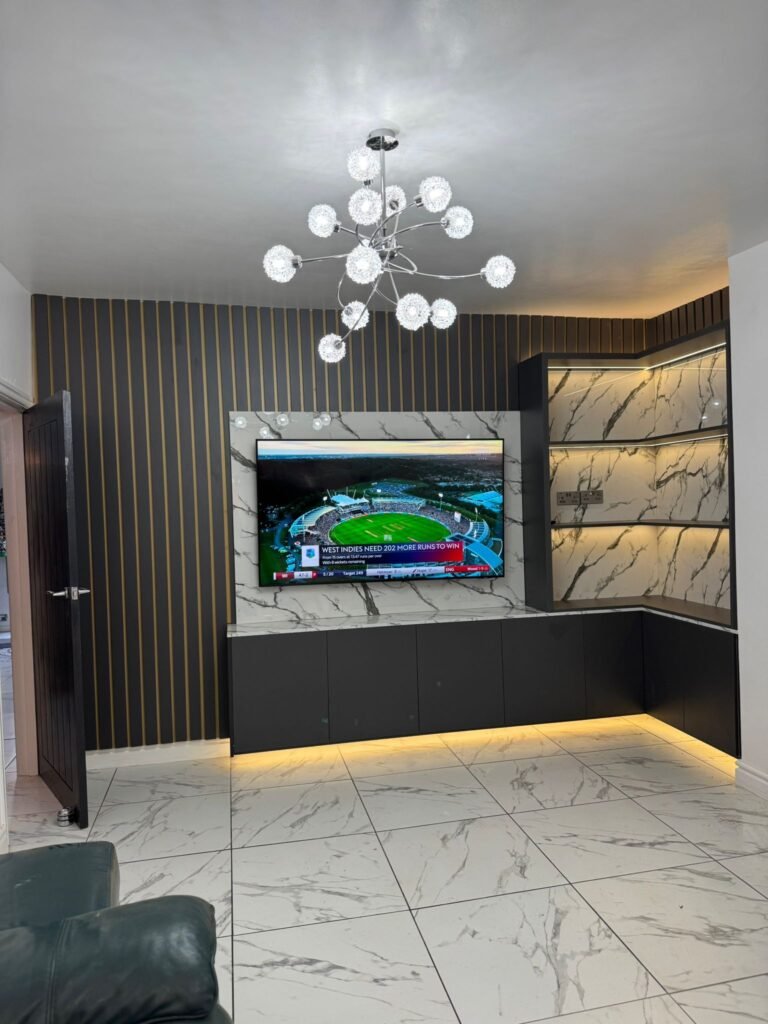 Living Room Storage Cabinet with Marble Wall and Fireplace