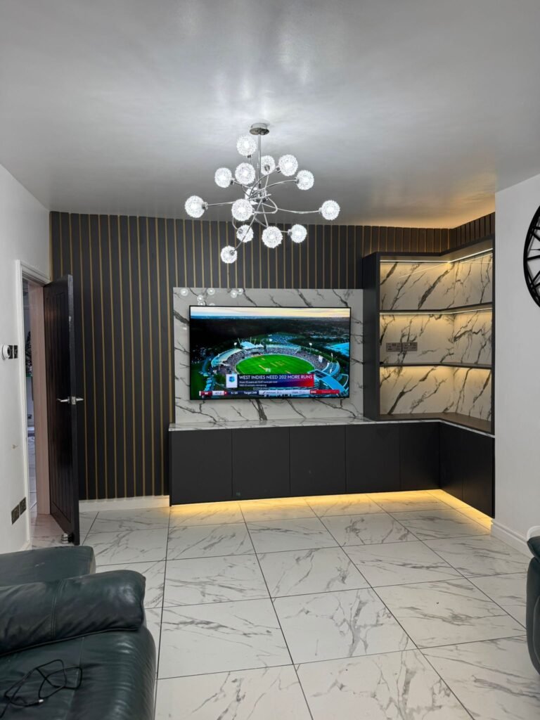 Living Room Storage Units with Trophy Display and Backlit Cabinet