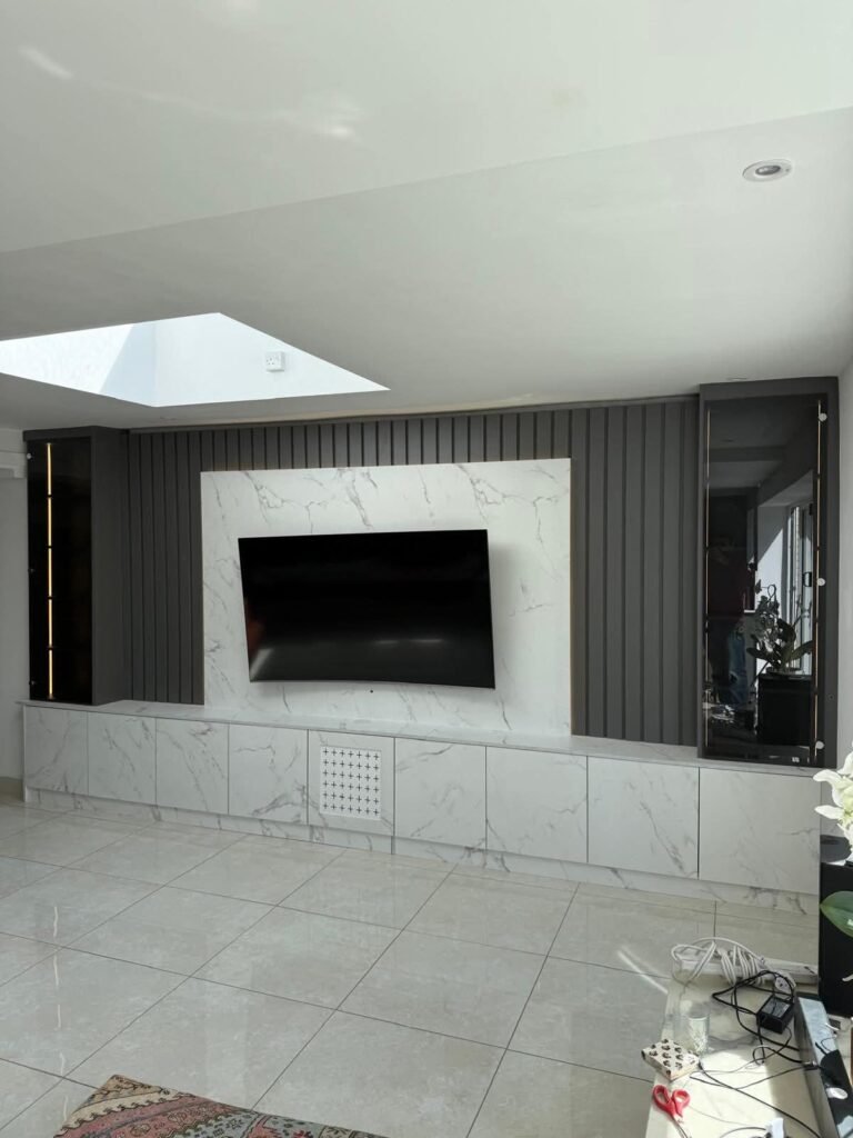 Marble TV Wall with Glass Display Tall Cupboards