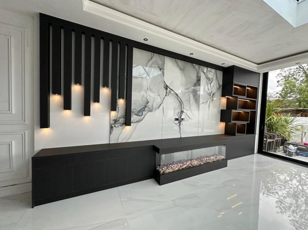 Modern Living Room Cabinet with Marble Panels and Open Shelving