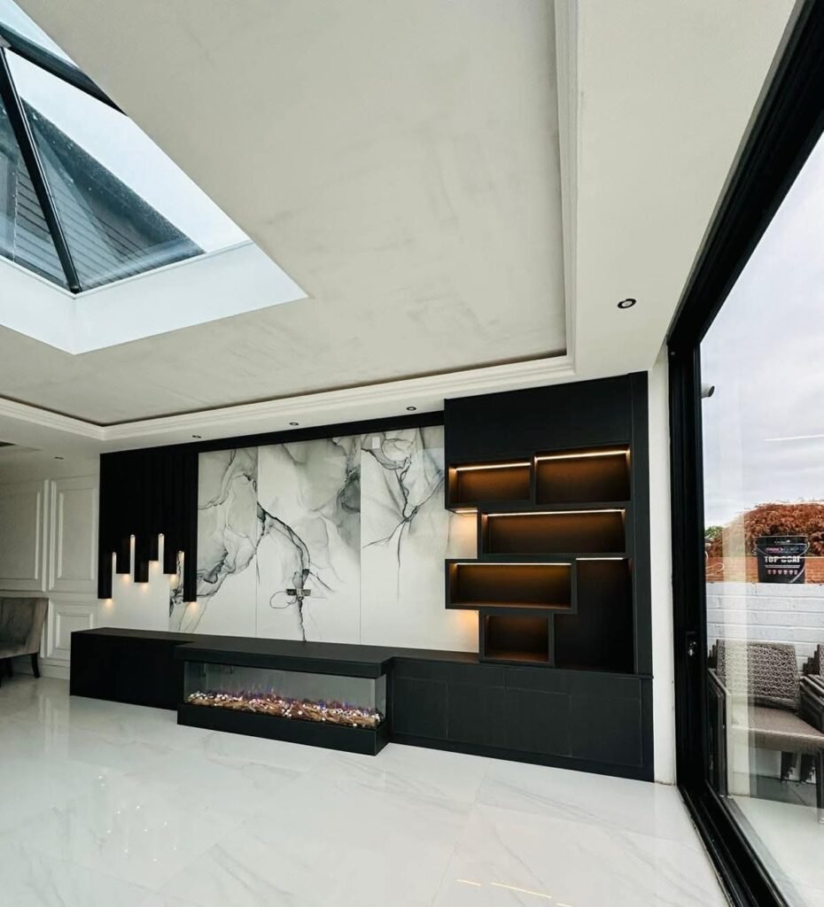 Modern Living Room Cabinet with Marble Wall and Fireplace 1