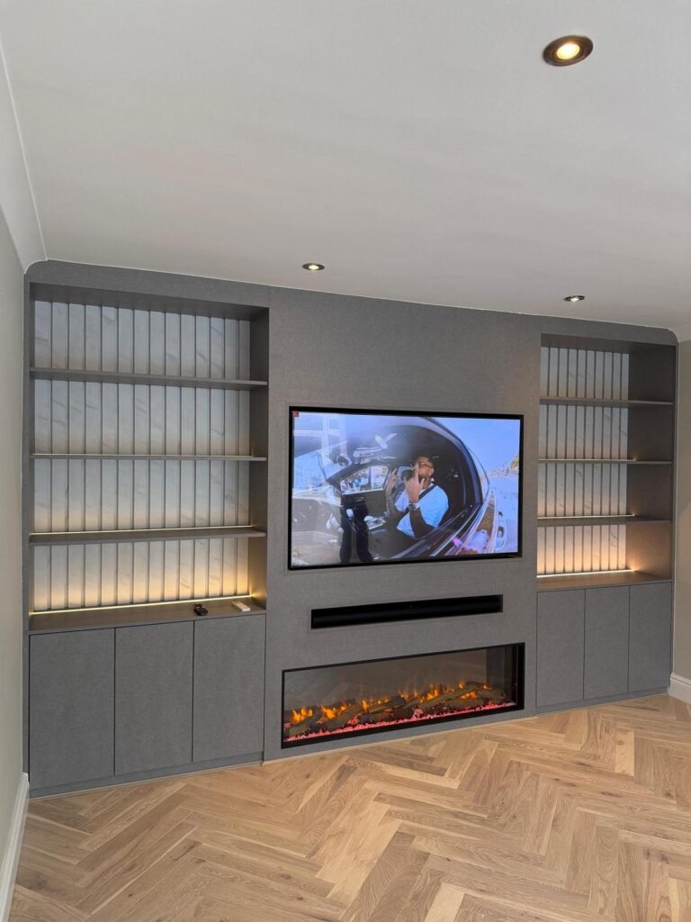Modern Living Room Storage Cabinet with Fireplace and Symmetrical Shelving