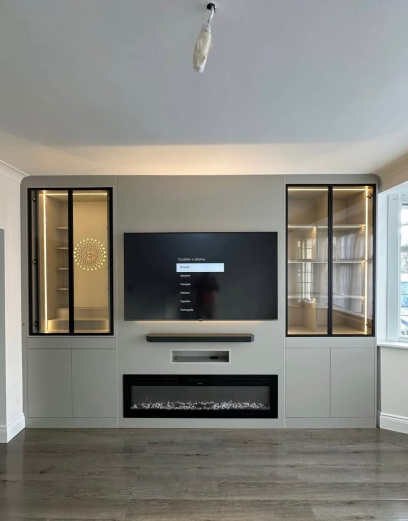 Modern Living Room Storage Cabinet with Language Menu Display and Fireplace