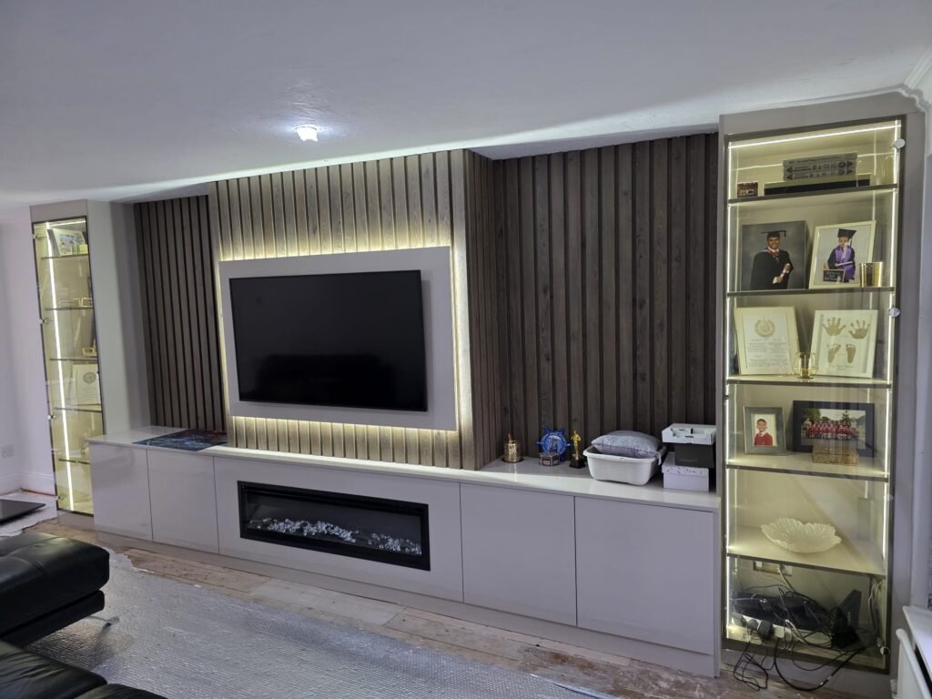 Modern Living Room Storage Units with Trophy Display and Fireplace