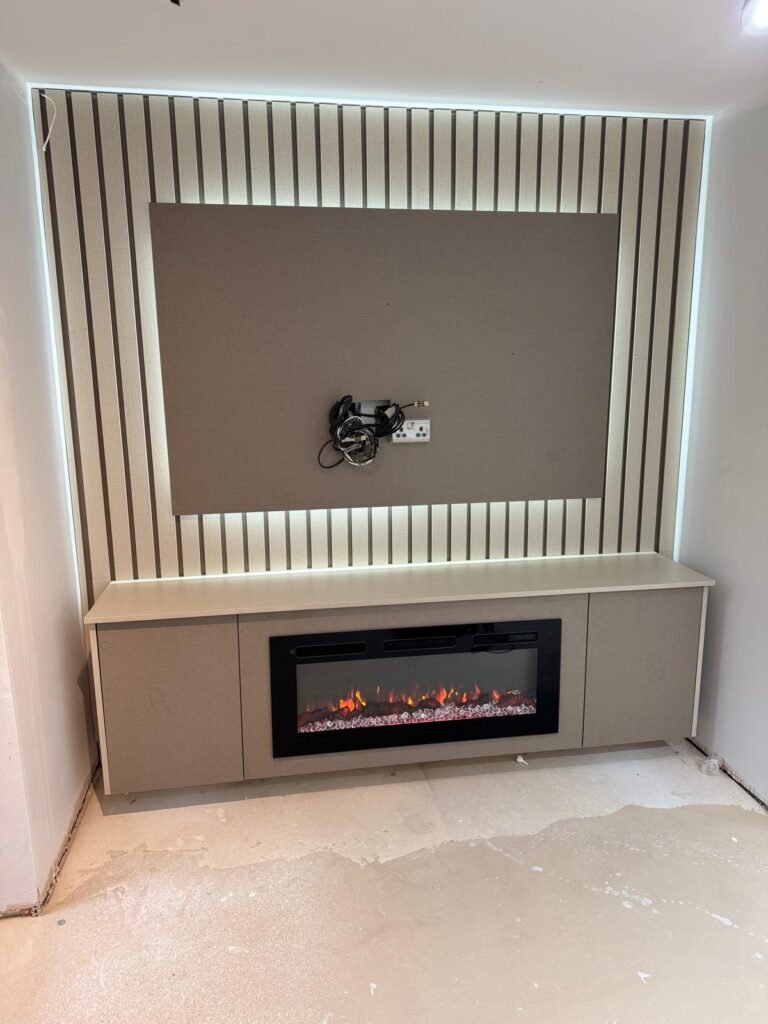 Small Living Room Cabinet with Fireplace and Slatted Wall Panel
