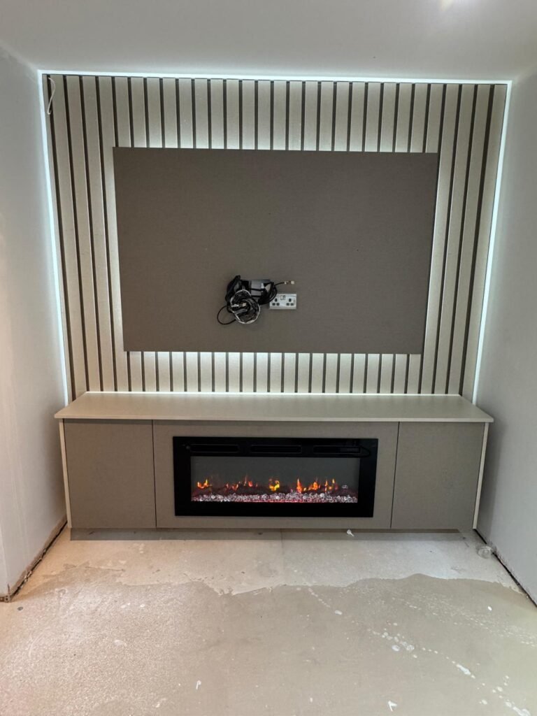 Small Living Room Cabinet with Slatted Wall and Marble Fireplace