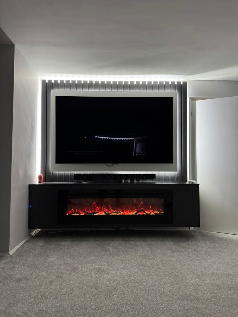 Small Living Room Storage Cabinet with LED Frame and Fireplace
