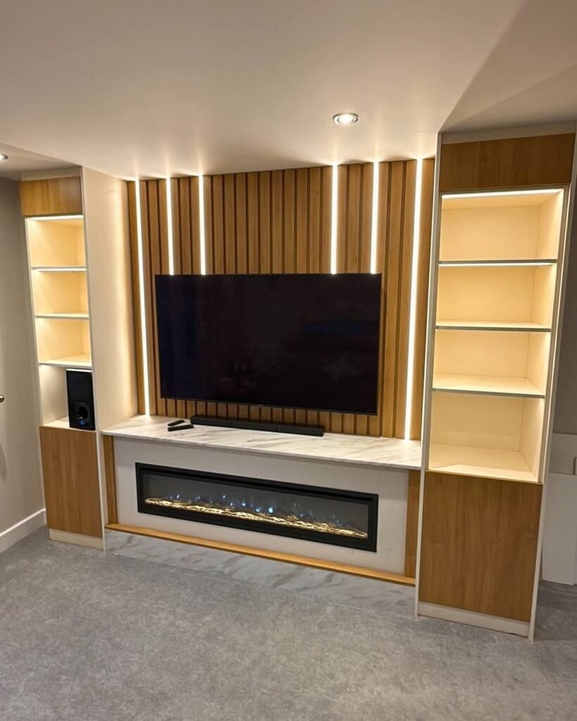 Small Living Room Storage Cabinet with Symmetrical Shelves and Fireplace