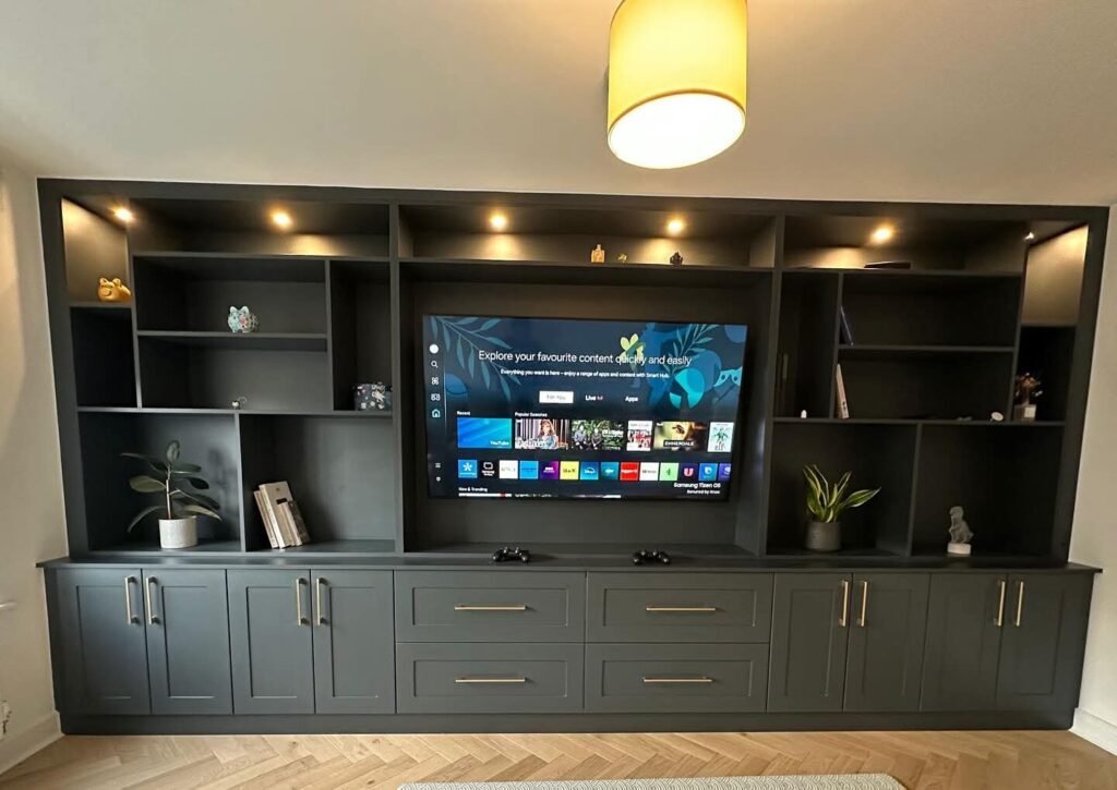 Smart Entertainment Wall with Brass Handled Tall Cupboards