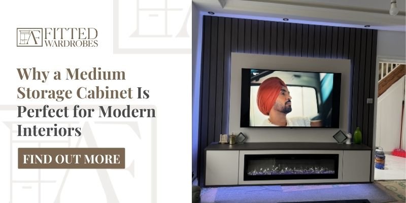 Contemporary medium storage cabinet with built-in electric fireplace and wall-mounted TV, accented by vertical slatted wall panels and LED lighting.