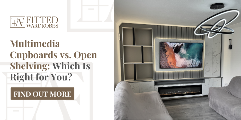 Stylish media wall featuring open shelving on the left, marble-effect multimedia cupboards on the right, and a wall-mounted TV with LED backlighting above an electric fireplace.