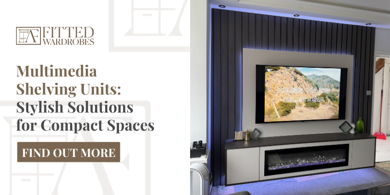 Compact Multimedia Shelving Unit with Wall Mounted TV and Built in Fireplace