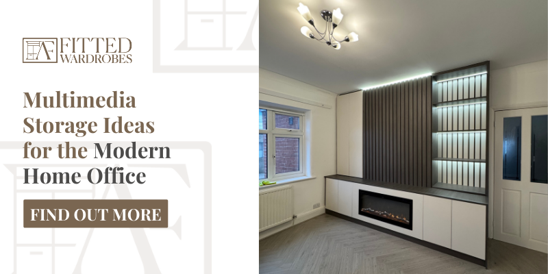 Stylish multimedia storage unit featuring slatted wood paneling, integrated LED-lit open shelving, and a built-in electric fireplace in a bright home office.