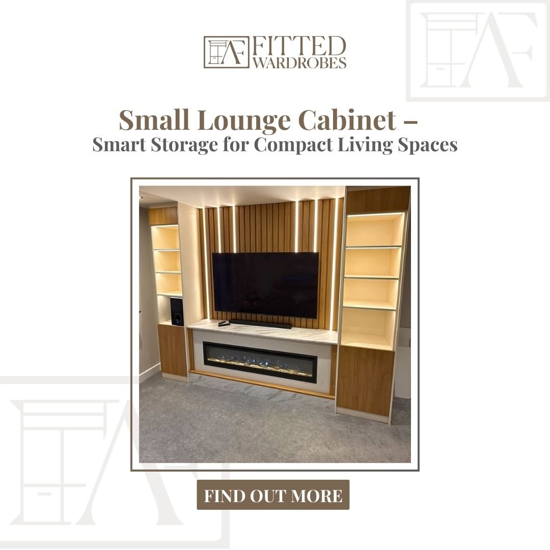 Stylish small lounge cabinet featuring a mounted TV with backlit wood slats, marble-surfaced electric fireplace, and symmetrical illuminated shelving units with closed base cabinets  perfect for compact living spaces.