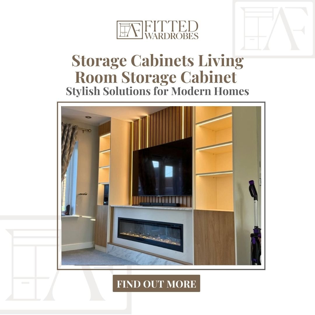 Contemporary Living Room Storage Cabinet with Media Wall and Fireplace