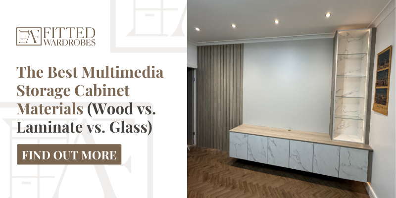 Multimedia storage cabinet with marble-look laminate doors, open glass shelves, and wood-panel feature wall, installed in a contemporary living room with spotlights and parquet flooring.