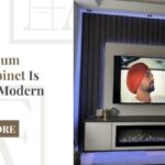 Contemporary medium storage cabinet with built-in electric fireplace and wall-mounted TV, accented by vertical slatted wall panels and LED lighting.