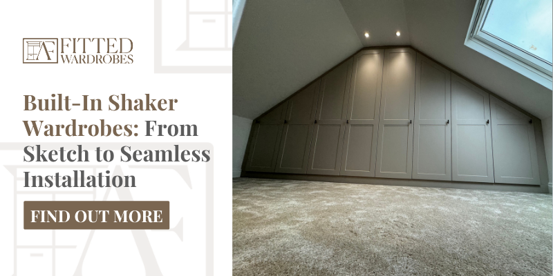 Promotional blog banner showing custom built-in shaker wardrobes installed under a pitched ceiling, paired with article headline and call-to-action.