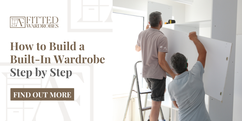 Blog cover design featuring two men constructing a built-in wardrobe beside the title 'How to Build a Built-In Wardrobe Step by Step' with a call-to-action button.