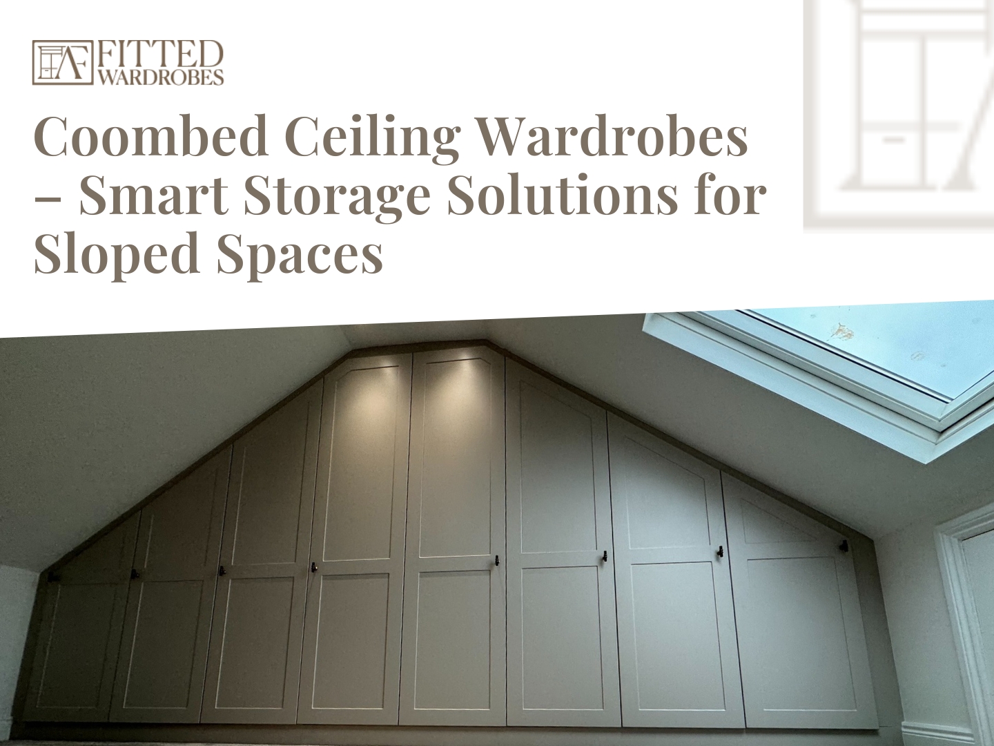 Article cover design showing coombed ceiling wardrobes in a loft room with sloped ceilings and bespoke fitted storage solutions