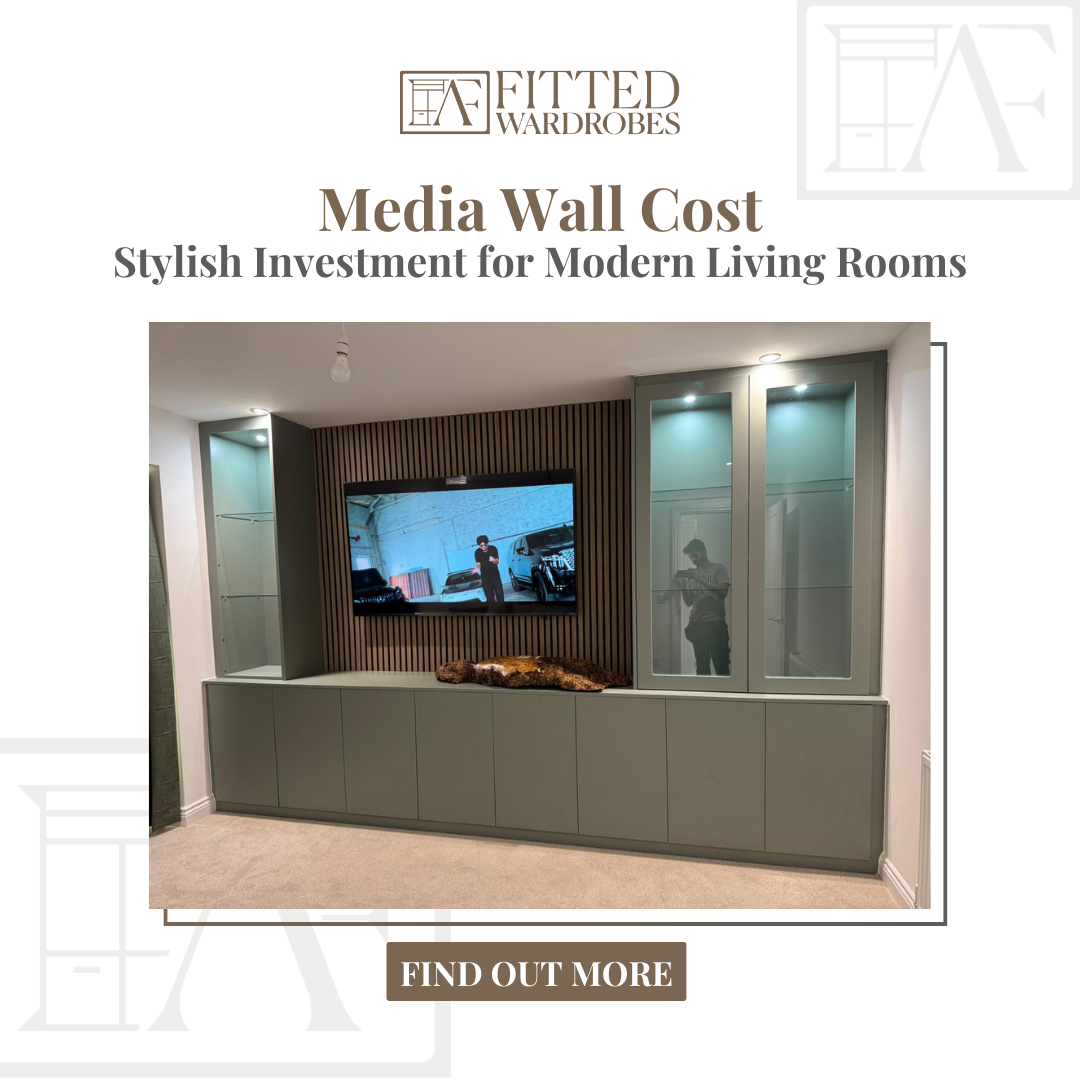 Stylish media wall featuring muted green built-in cabinetry, glass display sections with integrated lighting, and a mounted TV on vertical wooden slats — a premium example of modern living room design reflecting bespoke media wall cost.