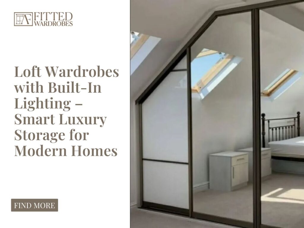 Custom loft wardrobes with built-in lighting and mirrored sliding doors designed for modern attic bedrooms with sloped ceilings.