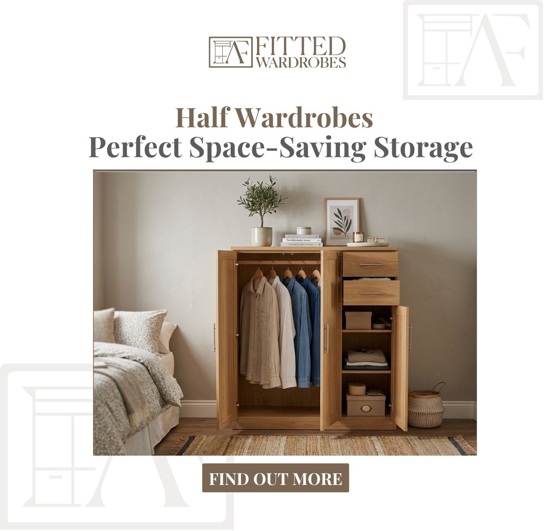 Modern half wardrobes provide stylish space-saving storage in a small bedroom