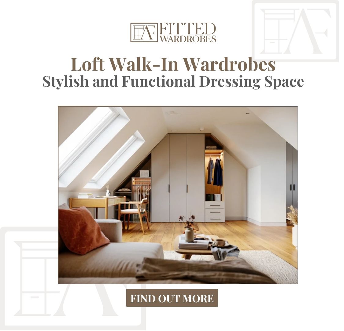 Luxury loft walk-in wardrobe with built-in storage beneath sloping ceilings